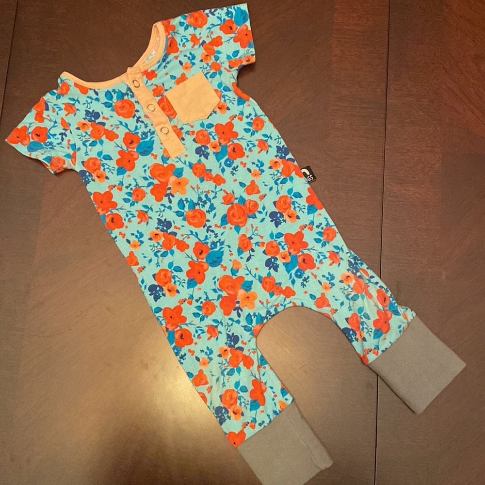 Rags to Raches Henley Romper Blue Poppy Floral Coral 6-12M